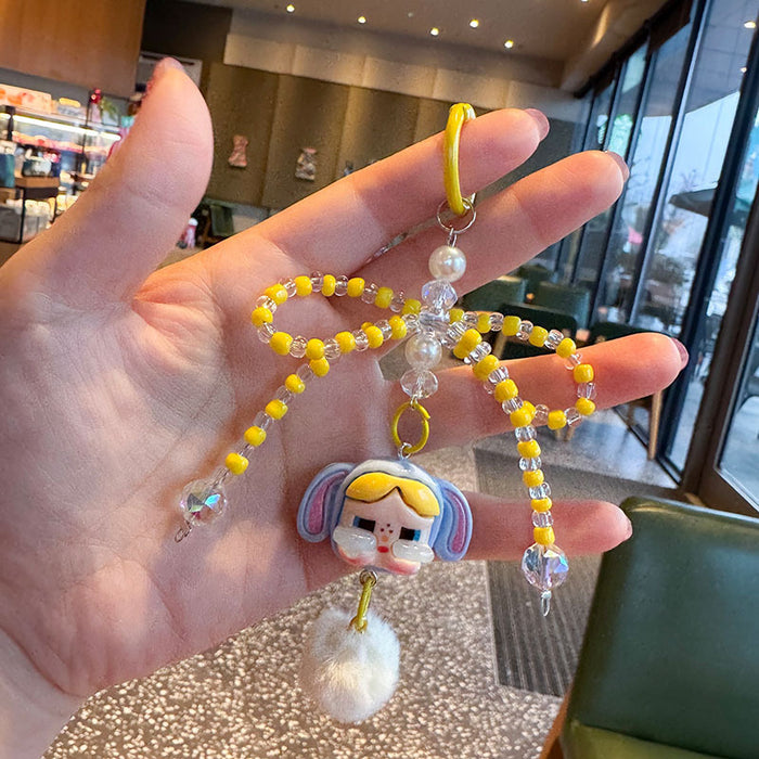 Wholesale Cute Cartoon Doll Bow Keychain Beaded Car Key Chain Fur Ball Backpack Pendant