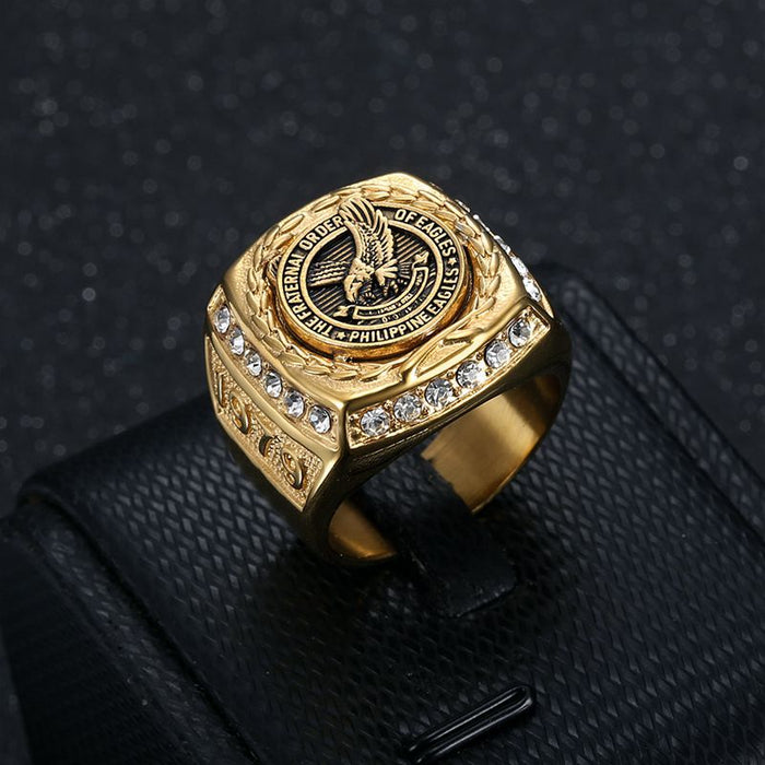 Wholesale Stainless Steel Vacuum Gold Plated Diamond Eagle Men's Ring JDC-RS-HongX010