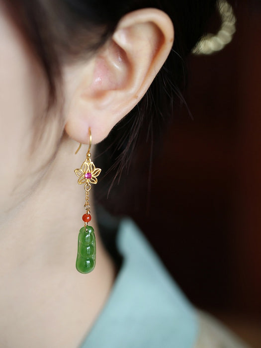 Wholesale Pure silver antique gold flower inlaid long tassel jade earrings earrings earrings earrings earrings