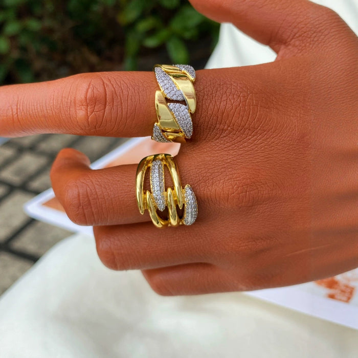 Wholesale Zircon inlaid Cuban ring, simple and fashionable gold-plated couple ring, trendy accessory