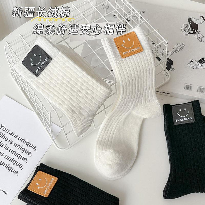 Wholesale Socks, mid tube socks, pure cotton black and white Zhuji socks, smiling face leather label, long tube socks
