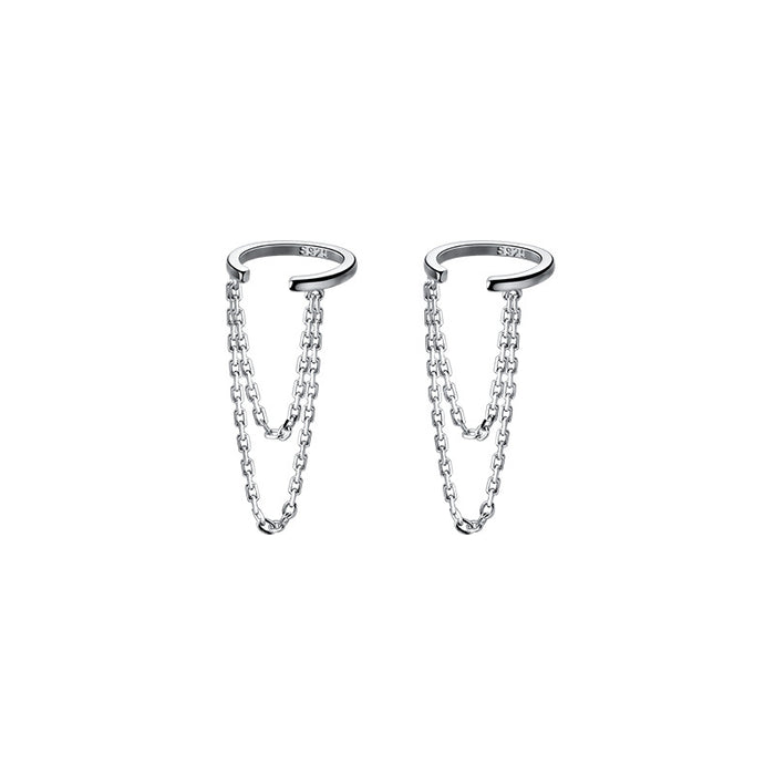 Wholesale Silver ear clip with smooth circular ring temperament, double-layer chain, compact tassel earrings