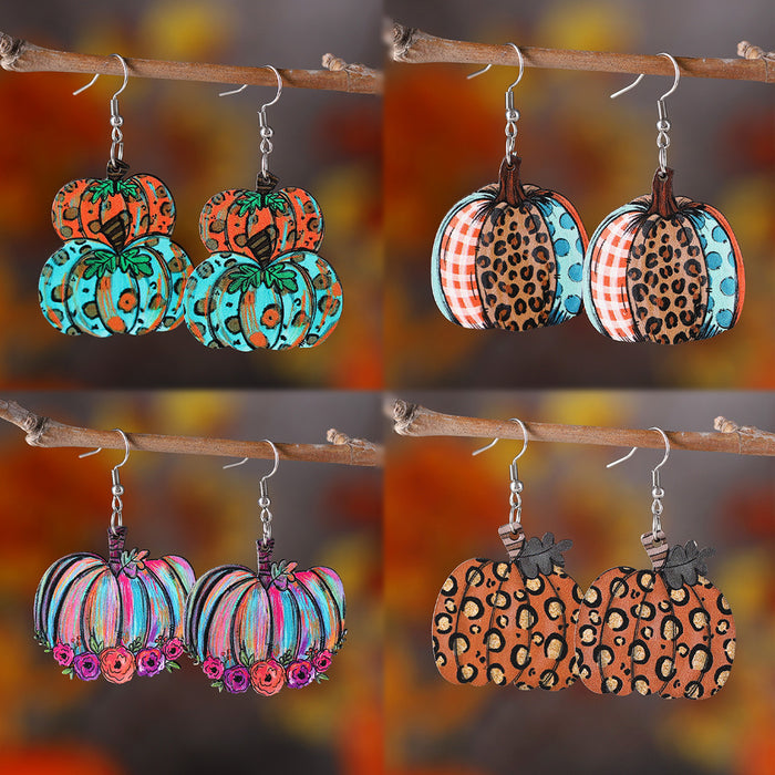 Wholesale Thanksgiving Autumn Harvest Leopard Print Pumpkin Pendant Earrings Wooden Double-Sided Earrings