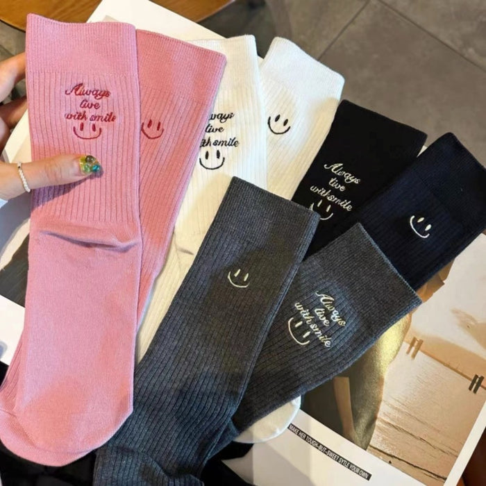Wholesale Women's Socks Embroidered Smiling Face Personalized Mid tube Socks Fashionable Western Style Pure Cotton Socks