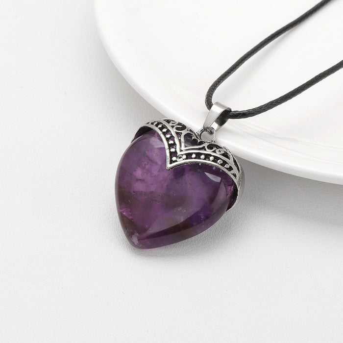 Wholesale Heart shaped pendant necklace with stone beads and tiger' s eye adjustable leather cord