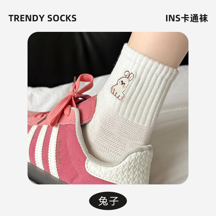 Wholesale Socks with cartoon striped embroidery, mid tube cotton socks, versatile socks