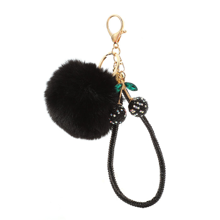 Wholesale Simulation Fruit Crystal Cherry Pom Pom Keychain with Rhinestone Decoration