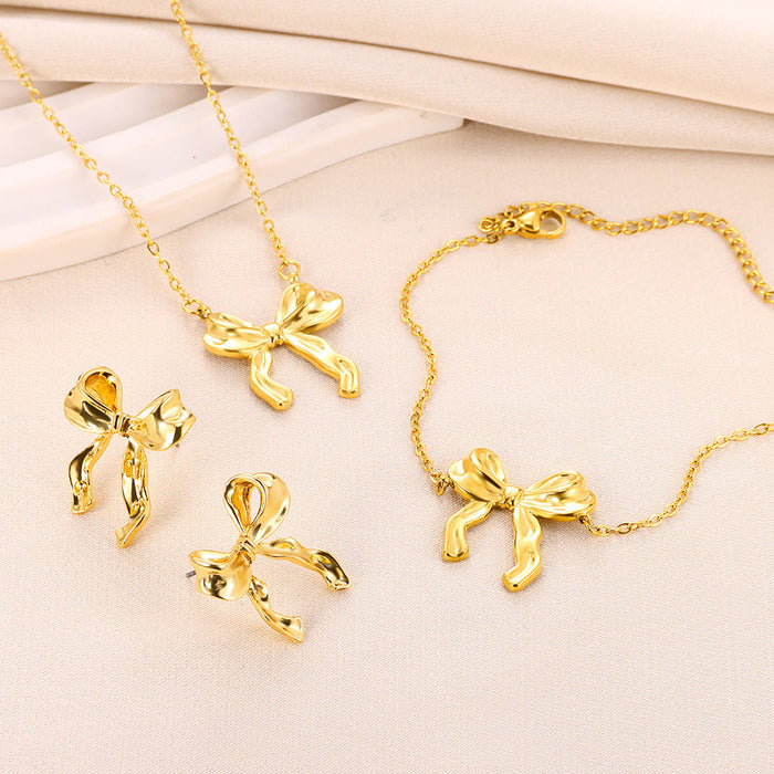 Wholesale 18K Stainless Steel Bow suit Bow Bracelet Earrings Necklace Jewelry