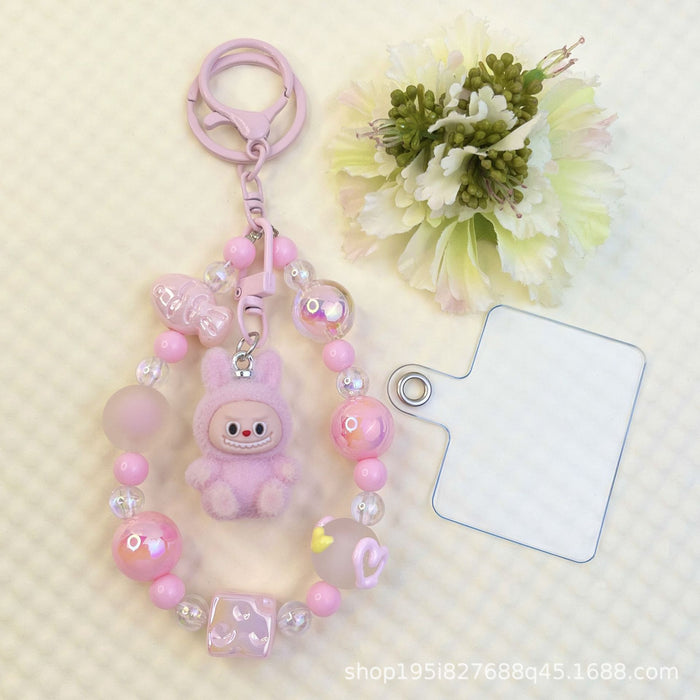 Wholesale Flocking sitting funny colorful beaded mobile phone chain keychain bag doll pendant accessories