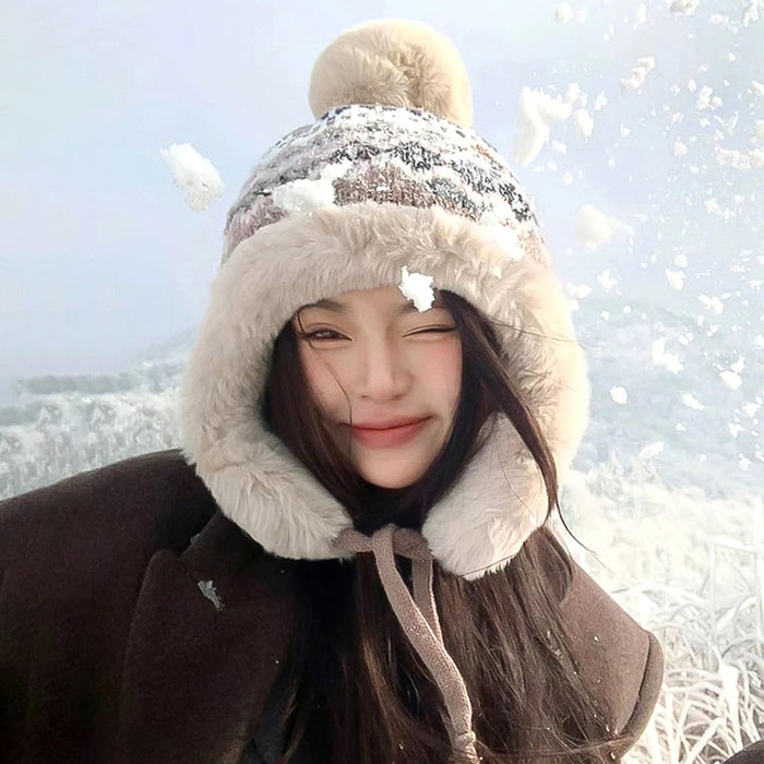 Wholesale Women's autumn and winter knitted woolen hat with warm ear protection and plush snow hat for cold protection