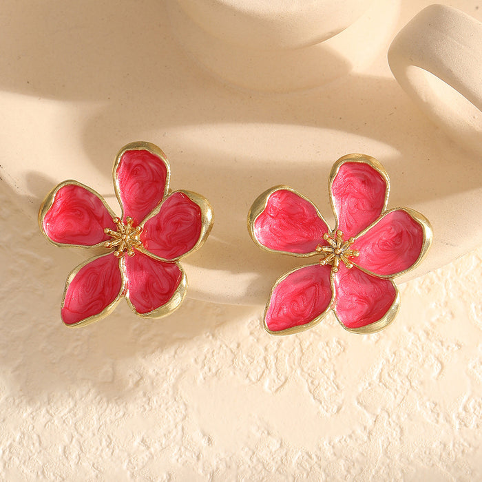 Wholesale Exaggerated metal flower opening ring with oil dripping five petal flower three-dimensional earrings and earrings