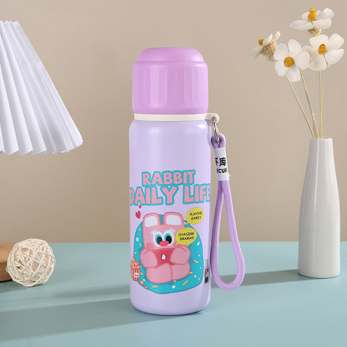 Wholesale Stainless Steel Thermos Cup Toast Rabbit Cute Graffiti Double Drink Cup  with Lanyard Children' s Water Cup