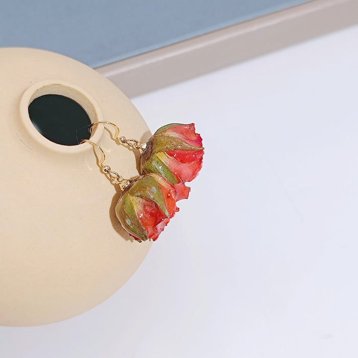Wholesale Romantic and minimalist ear hooks, rose earrings, drip glue handmade, personalized and niche design, real flower ear accessories for women
