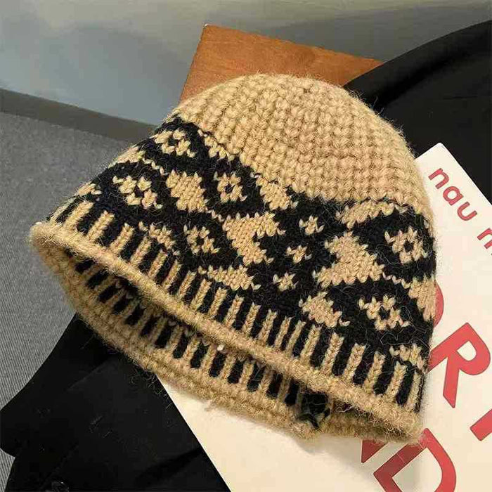 Wholesale Plaid Fisherman Hat Women's Autumn and Winter Face Small All-match Color Matching Big Head Wool Knitted Hat