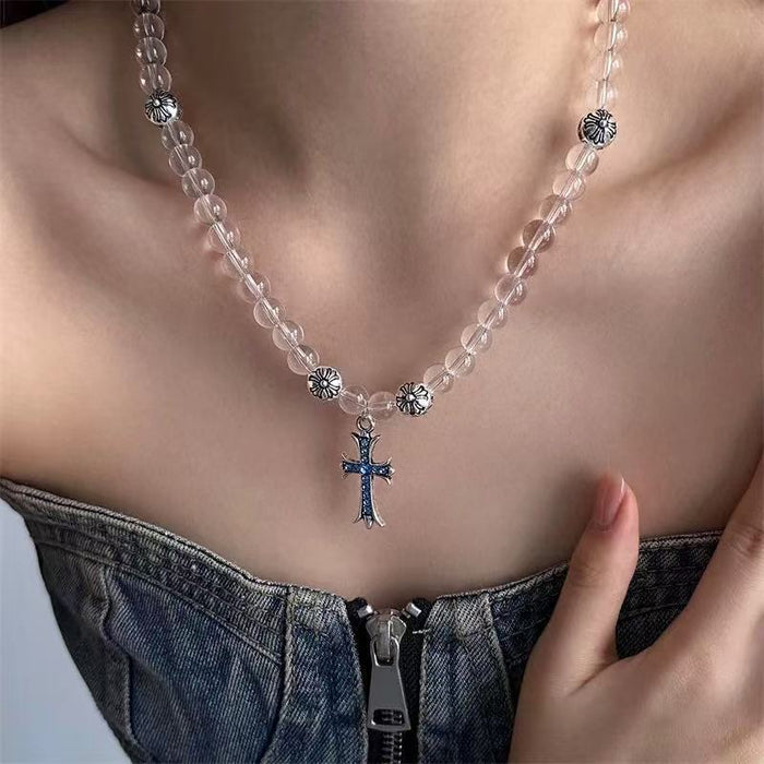 Wholesale Transparent bead blue cross pendant necklace, niche, light luxury design, collarbone chain