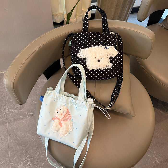 Wholesale New single shoulder canvas bag, cute cartoon embroidered crossbody bag, casual large capacity drawstring tote bag