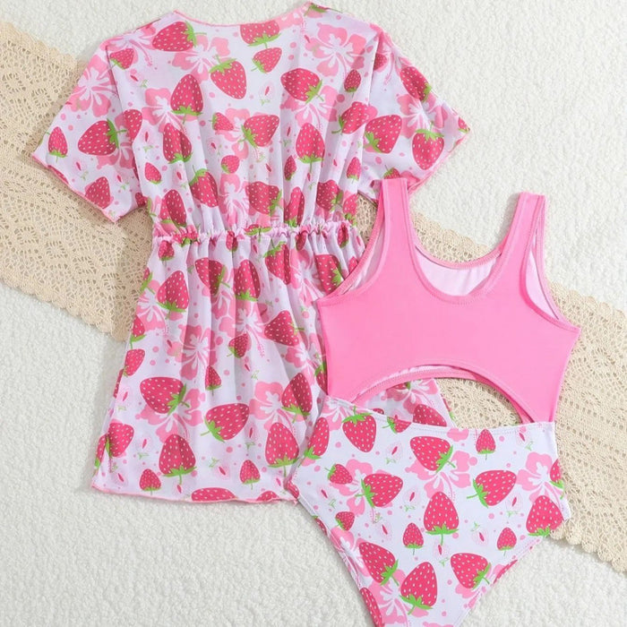 Wholesale Girls' and children's swimsuit one-piece gauze skirt two-piece set pink berry print pink tender princess vacation swimsuit