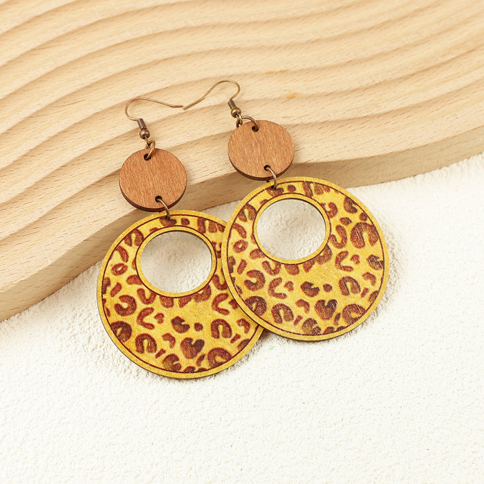 Wholesale Western Style Sunflower Old Wooden Disc Splicing Sports Baseball Leopard Print Women' s Wooden Earrings