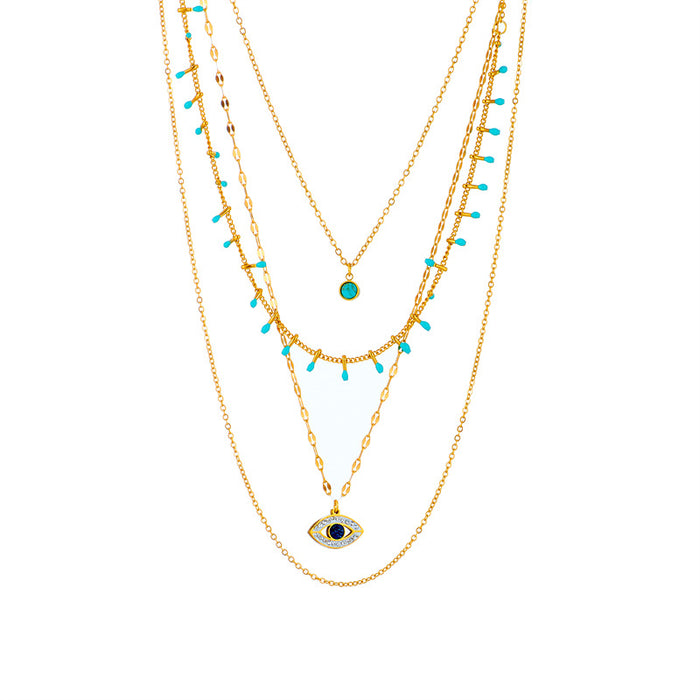Wholesale multi-layer chain irregular diamond eye turquoise pendant titanium steel necklace
