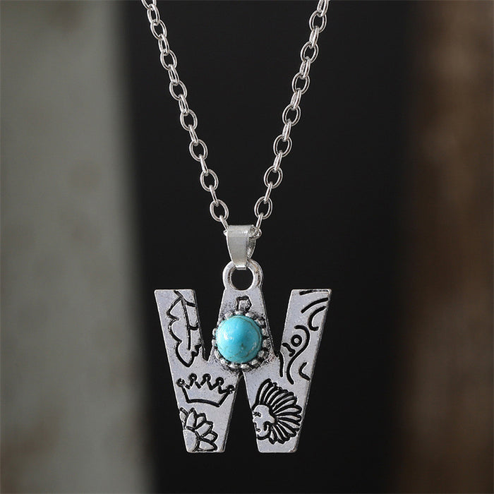 Wholesale 2pcs Retro 26 English Letter Turquoise Necklace