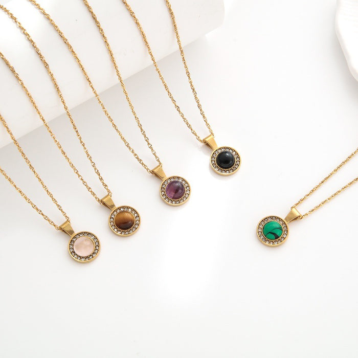 Wholesale Vintage diamond inlaid circular natural stone pendant necklace, light luxury niche stainless steel collarbone chain jewelry wholesale