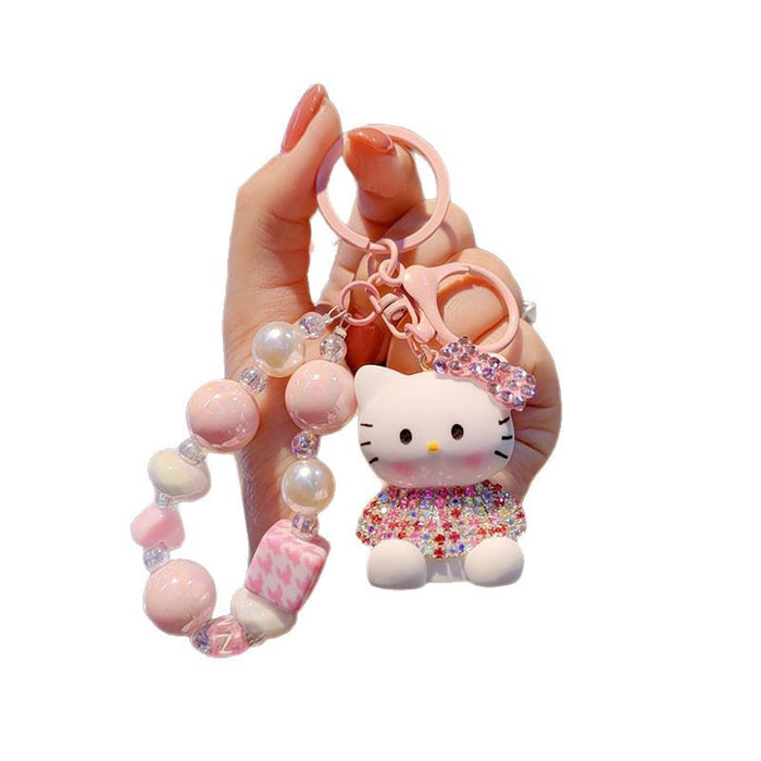 Wholesale Czech Rhinestone Cartoon Cat Keychain Cute Ladies Beaded Bag Charm Phone Pendant Car Key Accessory