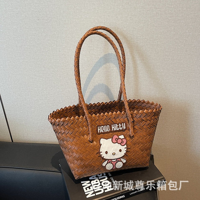Wholesale Cat Handbag Woven Accompanying Gift Girl' s Large Capacity Vegetable Basket Handmade Woven Bag Women' s Fashion Beach Bag