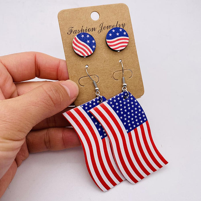 Wholesale New Independence Day Earrings Earring Set with American Flag Round Heart Five Pointed Star Sunflower Leather Earrings JDC-ES-YaChen002