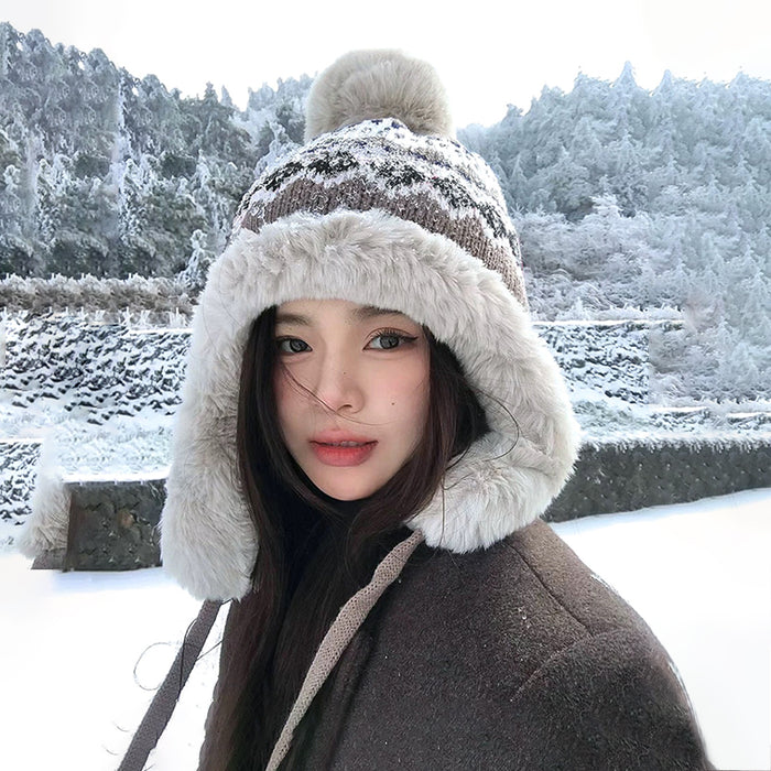 Wholesale Women's autumn and winter knitted woolen hat with warm ear protection and plush snow hat for cold protection