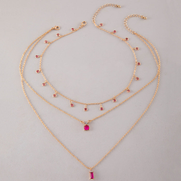 Wholesale Jewelry Color Diamond Pendant Multi-layer Necklace Geometric Imitation Gemstone Inlaid Three-layer Necklace