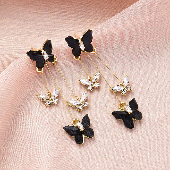 Wholesale Silver Needle Butterfly Earrings, Light Luxury, High Grade, Sparkling Diamond Long Earrings, Retro Style Earrings