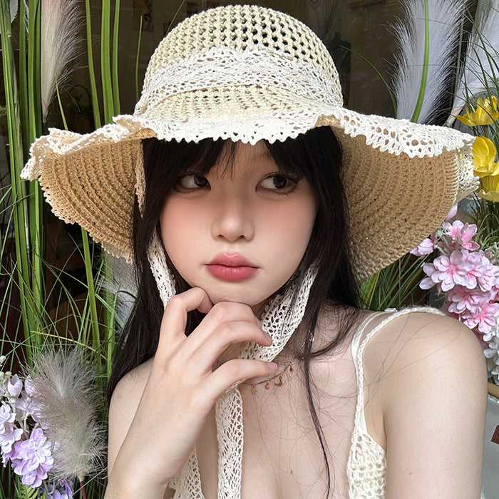 Wholesale Grass woven breathable lace lace tied fisherman hat versatile