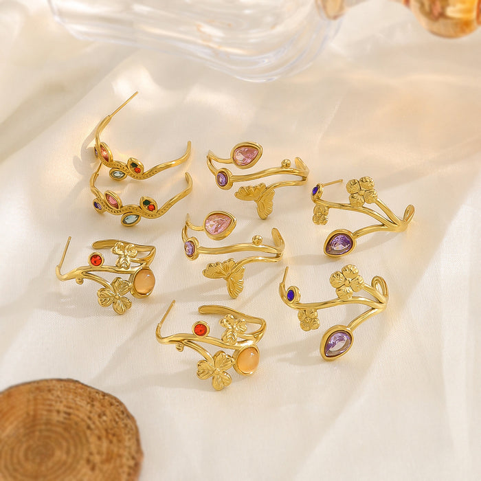 Wholesale Gold titanium steel earrings inlaid with colorful horse eye zircon stainless steel earrings, female hollow leaf C-shaped earrings