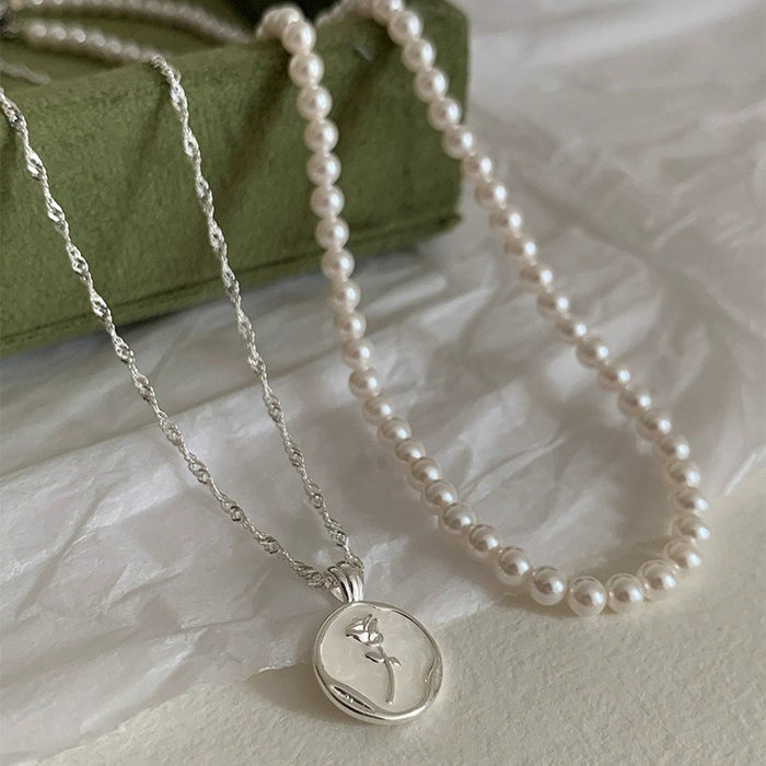 Wholesale Light luxury, gentle, niche design, tulip pearl necklace, pure silver versatile sweater chain, layered and elegant