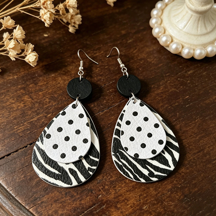 Wholesale Retro Zebra Drop Earrings Double Layer Leather Jewelry Accessory