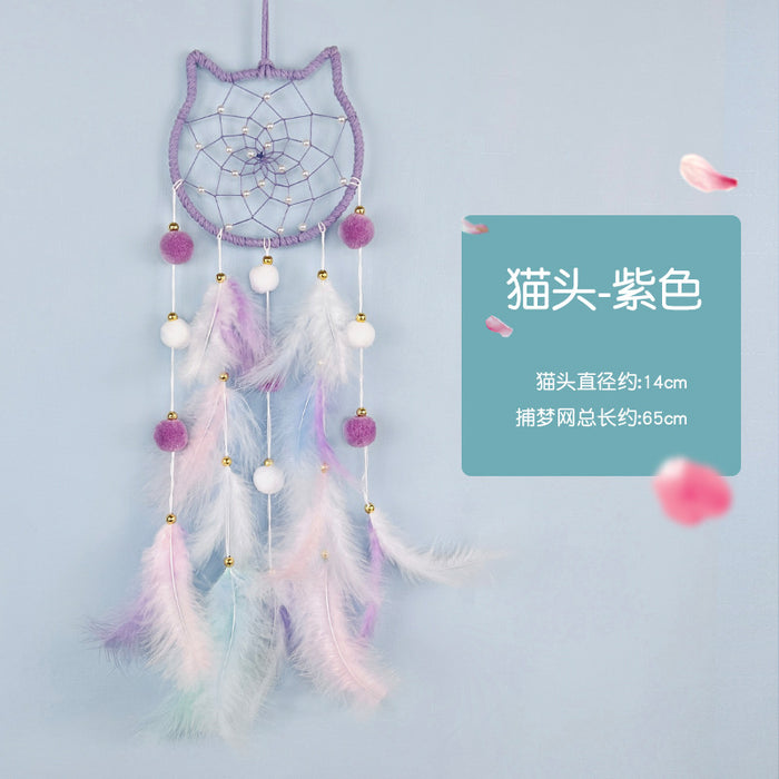 Wholesale Cat Head Dreamcatcher Hanging Ornament Handmade Pink Feather Decor MOQ≥2