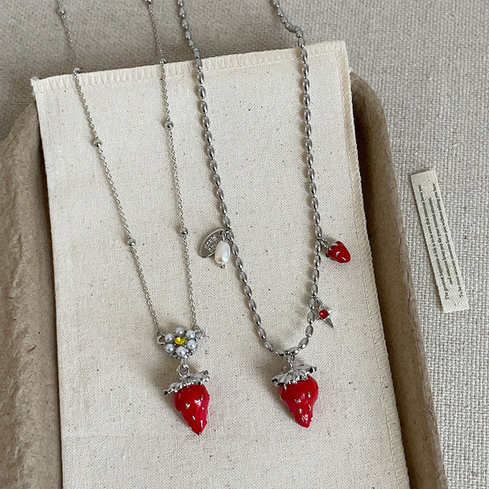 Wholesale Red Enamel Strawberry and Pearl long Necklace