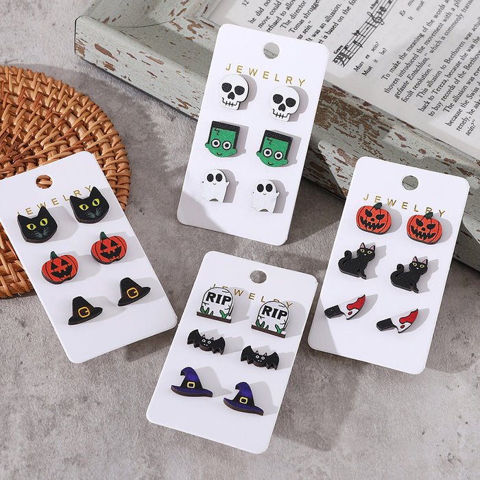 Wholesale  Bat Pumpkin Black Cat Skull Ghost Earring Set Wooden Party Earring Gift