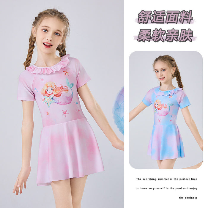 Wholesale Children's swimsuit new swimsuit, girls' cartoon swimsuit, sun protection quick drying medium and large children's short sleeved skirt one-piece swimsuit