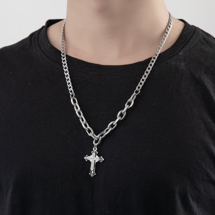 Wholesale 2PCS Chain Spliced Diamond Cross Titanium Steel Necklace JDC-NE-ChenYuan009