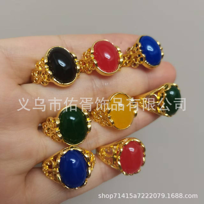Wholesale New Grandmother Imitation Green Jadeite Ring with Temperament and Opening Imitation Red Green Agate Colored Women's Ring