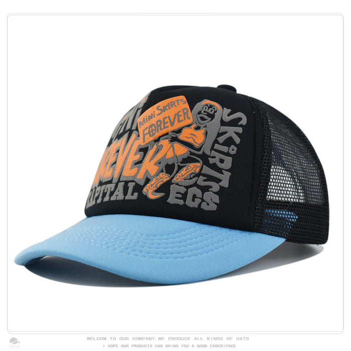 Wholesale Hip-hop printed letter baseball cap visor color-blocked street mesh trucker hat