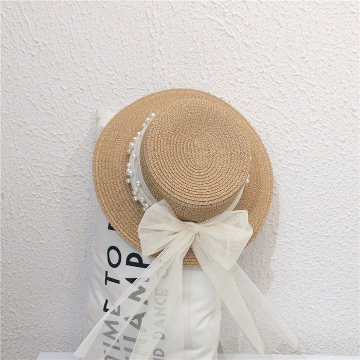 Wholesale Hat Women's Small Fresh Flat-top Straw Hat Pearl Bow Straw Sun Hat Beach Cool Hat