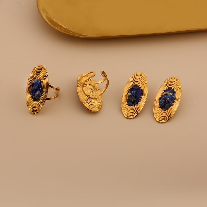 Wholesale Vintage exquisite high-end stainless steel oval earrings set with natural stone earrings and ring set