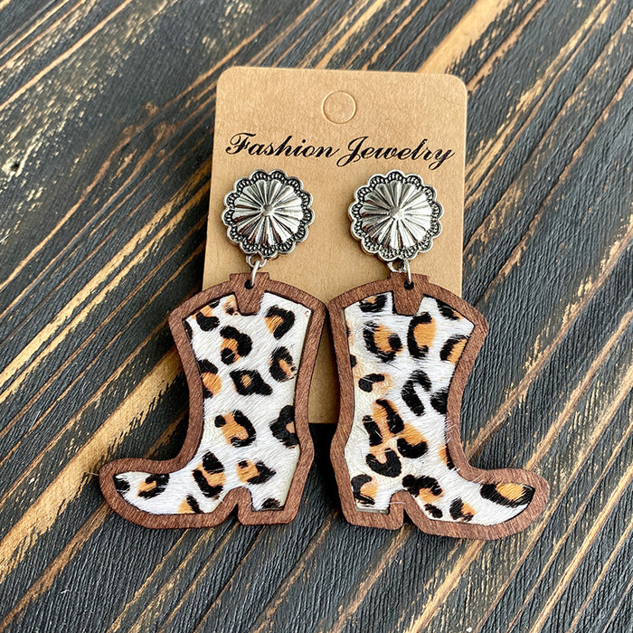 Wholesale Western Denim boots earrings classic leopard leather inlaid wood texture earrings