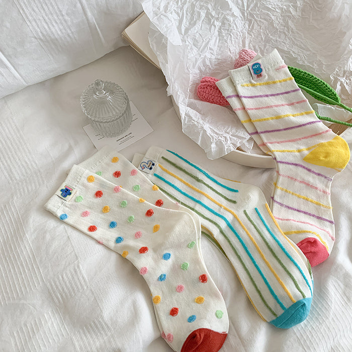 Wholesale Colorful fabric label socks, mid tube socks, polka dot striped sports and casual socks