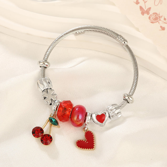 Wholesale Sweet Cherry Beaded Bracelet Stainless Steel Heart Jewelry MOQ≥2