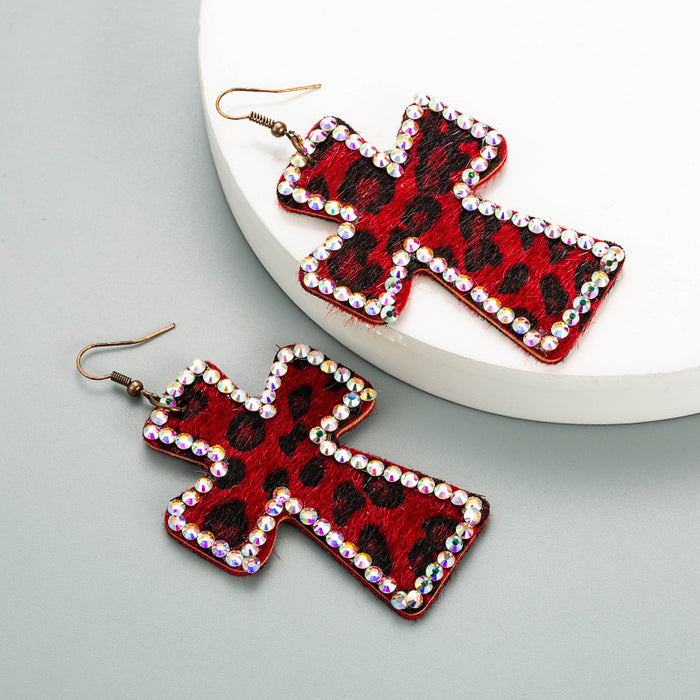 Wholesale Cross Genuine Leather Leopard Earrings JDC-ES-HM013