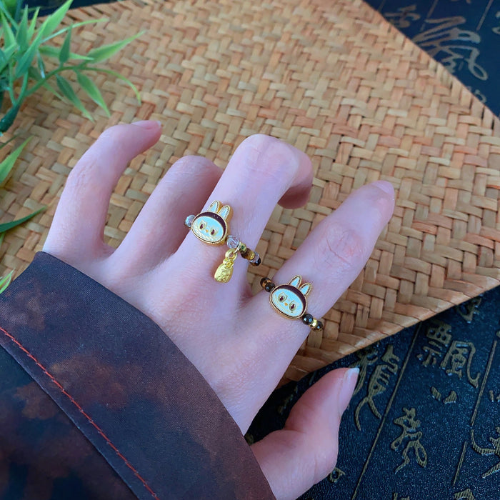 Wholesale Brown beaded ring retro niche tiger eye stone elastic rope ring cute unique ring