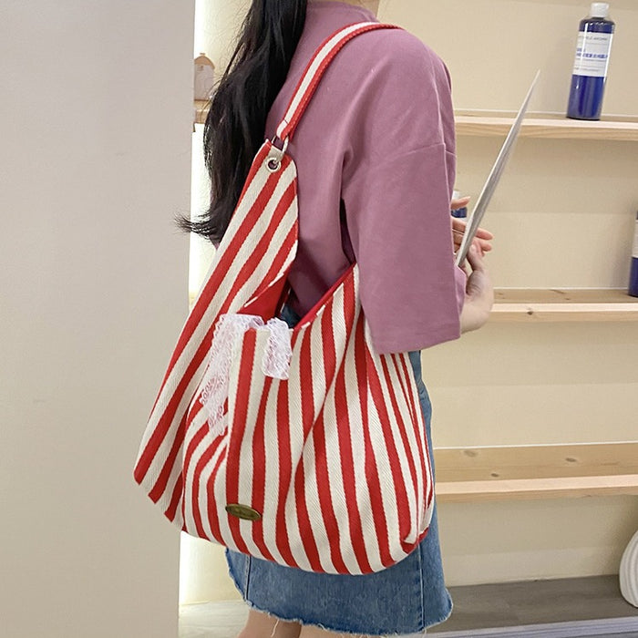 Wholesale Striped shoulder bag, cute embroidered canvas bag, simple letter commuting bag